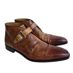 Monk Strap Boots Magnanni Neiman Marcus Size 9.5 Tan Brown Leather Short Dress